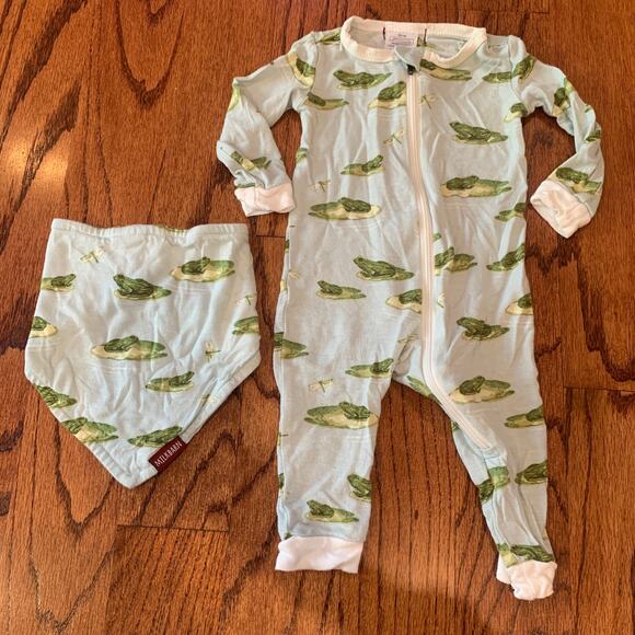 Milkbarn Leapfrog Bamboo Zipper Pajamas + Kerchief Bib MSRP $60 | 3-6 months - Picture 1 of 9